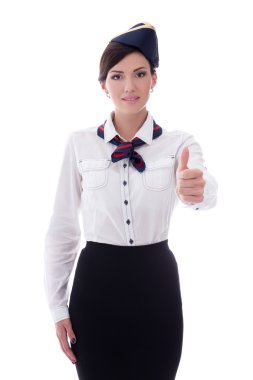 Hostes izole üzerinde beyaz üniforma Yaşasın portresi