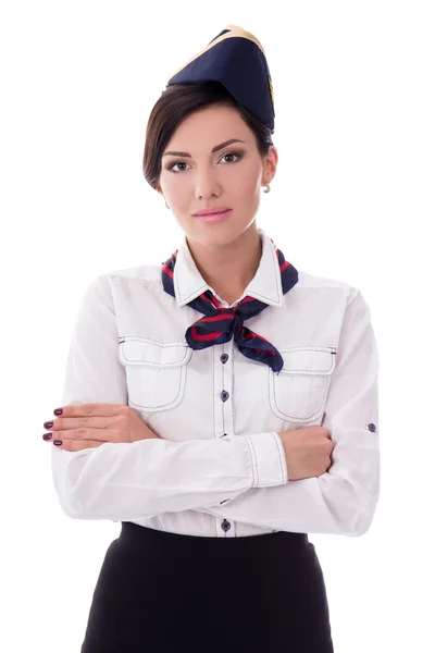 Portrait of young beautiful stewardess isolated on white — Stock Photo, Image