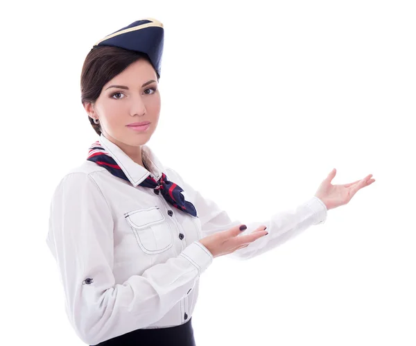 Portrait of welcoming flight attendant isolated on white — Stock Photo, Image