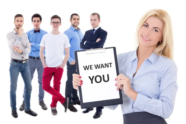 Conceito de busca de emprego - homens de negócios e a mulher segurando a prancheta wi — Fotografia de Stock