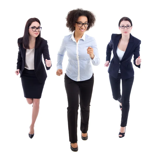 Vista frontal del funcionamiento mujeres aisladas en blanco — Foto de Stock