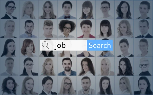 Internet and job search concept - search bar over collage of peo — Stock Photo, Image