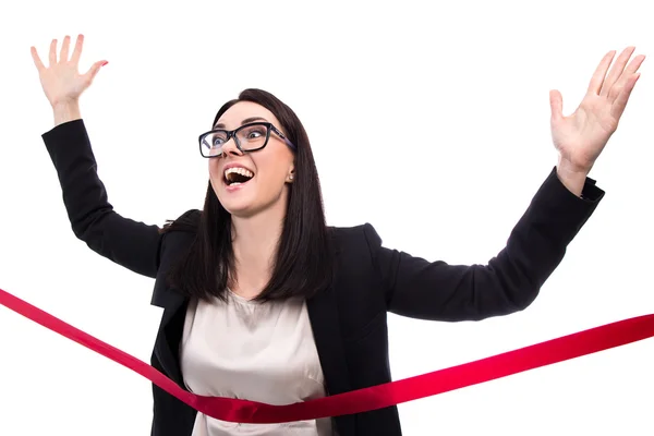 Funny running business woman crossing finish line isolated on wh — Stock Photo, Image