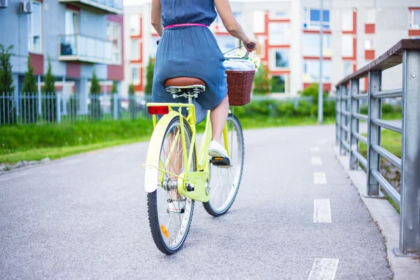 Πίσω όψη του νεαρή γυναίκα στο φόρεμα ρετρό ποδήλατο με σα — Φωτογραφία Αρχείου