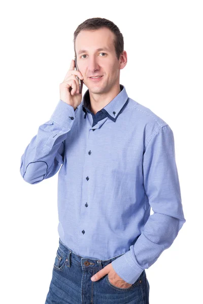 Middle aged business man calling on mobile phone isolated on whi — Stock Photo, Image