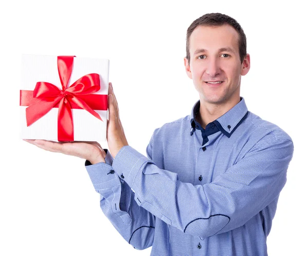 Middle aged man with gift box isolated on white — Stock Photo, Image