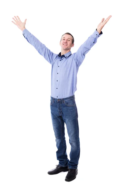 Cheerful young businessman celebrating something isolated on whi — Stock Photo, Image