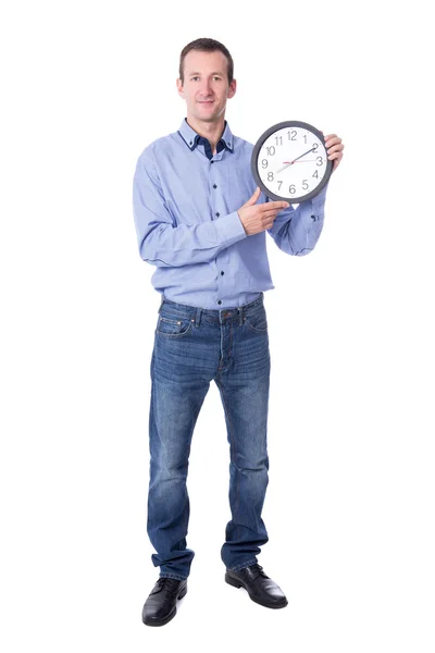 Médio empresário envelhecido com relógio escritório isolado no branco — Fotografia de Stock