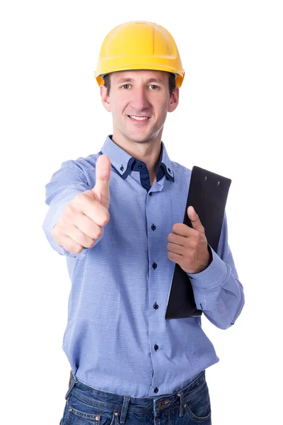 Hombre de negocios guapo edad media en amarillo builder casco Jue — Foto de Stock