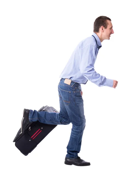 Side view of middle aged business man running with suitcase isol — Stock Photo, Image