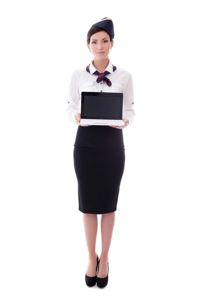 Portrait of young stewardess holding laptop with blank screen is — Stock Photo, Image