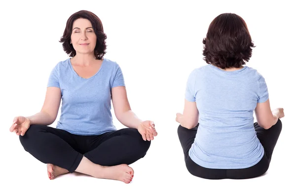 Voor- en achterkant uitzicht op volwassen vrouw in yoga pose geïsoleerd op whi — Stockfoto