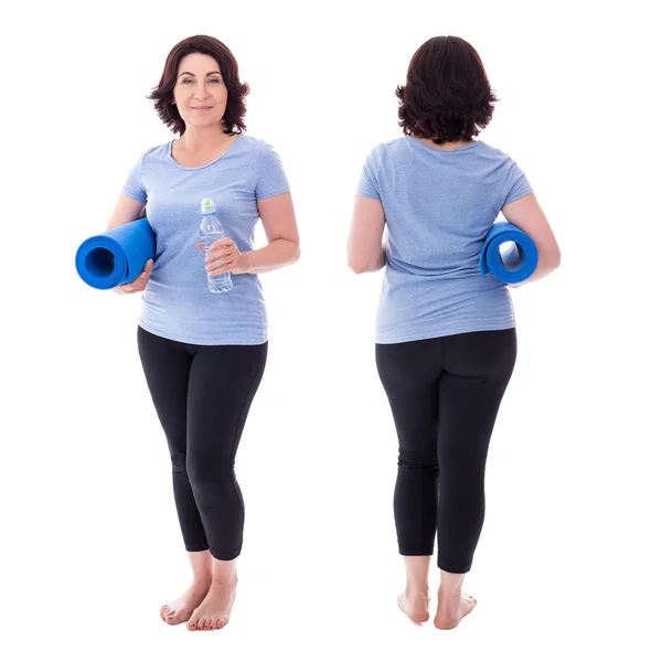 Front and back view of mature woman in sportswear with yoga mat — Stock Photo, Image