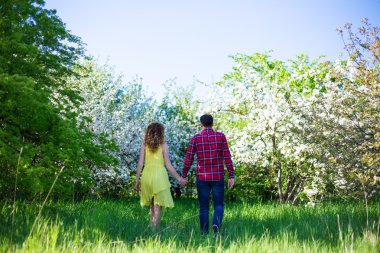 arkadan görünüşü yaz bahçede yürüyen genç mutlu çift
