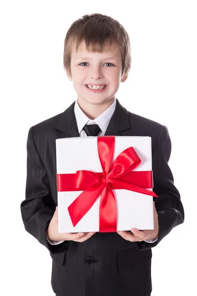Christmas or birthday concept - little boy in business suit with — Stock Photo, Image