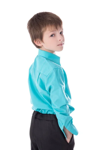 Портрет милый маленький мальчик в деловой костюм, изолированные на белом — стоковое фото
