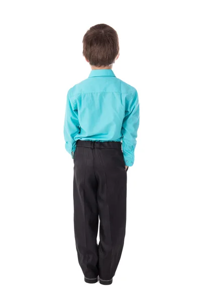 Назад вид маленького мальчика в деловой костюм, изолированные на белом — стоковое фото