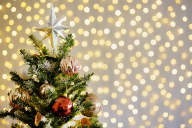 Gri duvarda süslenmiş Noel ağacı ve şenlikli ışıklar.