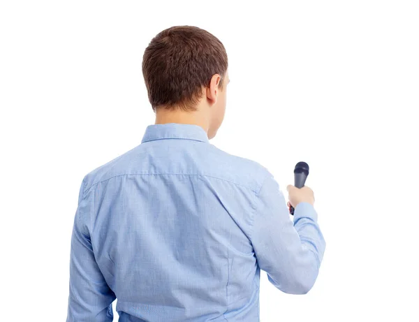 Back View Male Journalist Reporter Microphone Interviewing Anybody Isolated White — Stock Photo, Image