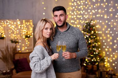 Noel, Yeni Yıl ve Aşk Konsepti - Noel ağacı ve ışıkları olan dekore edilmiş oturma odasında ellerinde şampanya kadehleri tutan güzel bir çiftin portresi