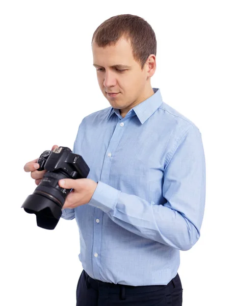 Portrait Male Photographer Videographer Watching Video Photos His Camera Isolated Royalty Free Stock Images