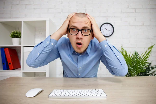 Business Financial Crisis Concept Shocked Businessman Looking Desktop Office — Stock Photo, Image