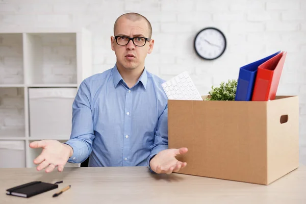 Dismissal Moving Day Concept Surprised Man Cardboard Boxes His Belongings — Stock Photo, Image