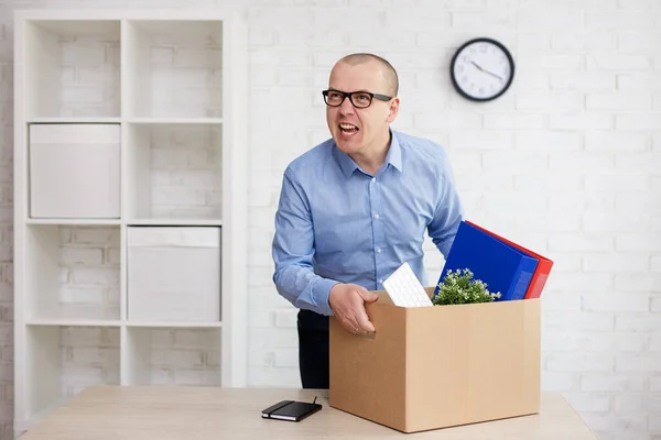 Angry Fired Businessman Office Moving Box — Stock Photo, Image