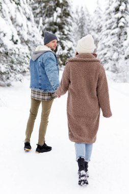 Birbirine aşık çiftlerin kış parklarında ya da ormanlarda yürüyüşlerinin arka görüntüsü