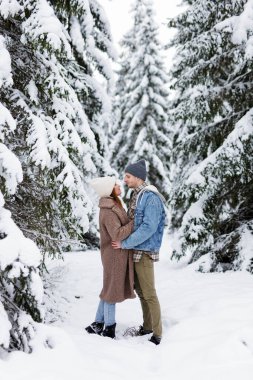 Birbirlerine bakan ve kış ormanlarında kucaklaşan sevimli bir çift.