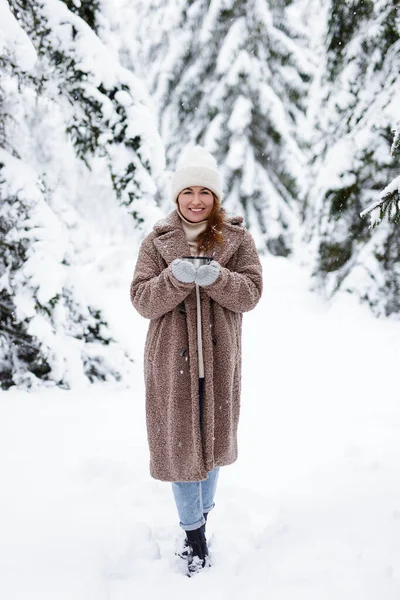 Full Length Portrait Happy Woman Warming Cup Tea Winter Forest — Stock Photo, Image