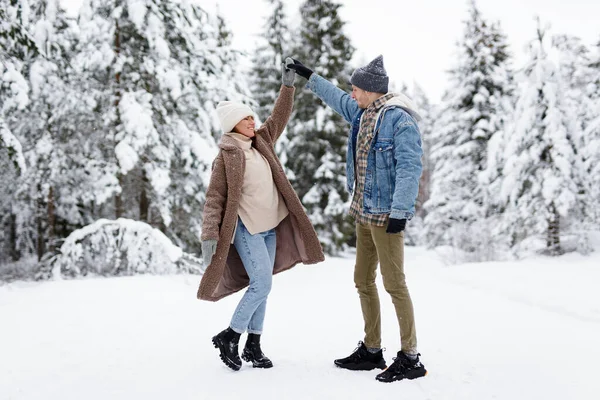 Love Freedom Happiness Concept Happy Young Couple Dancing Winter Forest — Stock Photo, Image