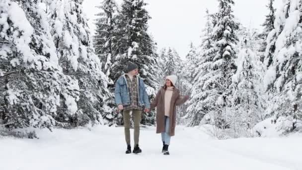 Boldog Aranyos Pár Szerelem Séta Téli Erdőben — Stock videók