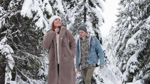 Conceito Amor Felicidade Casal Feliz Sonhando Andando Abraçando Floresta Inverno — Vídeo de Stock