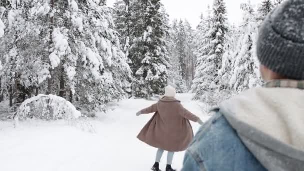 Mutlu Genç Çift Kış Ormanında Eğleniyor — Stok video