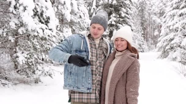 Portrait Cute Young Couple Taking Selfie Photo Smart Phone Winter — Stock Video