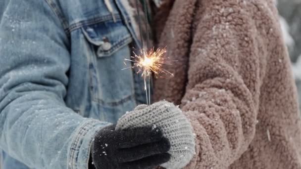 Liebe Glück Und Romantik Paar Posiert Mit Wunderkerzen Winterwald — Stockvideo