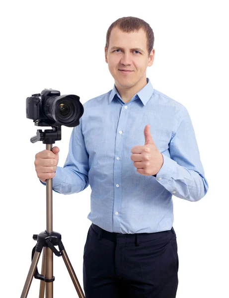 Fotografo Videografo Maschio Con Moderna Fotocamera Dslr Treppiede Isolato Sfondo — Foto Stock