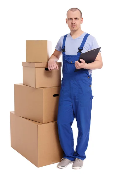 Retrato Comprimento Total Homem Carregador Com Montão Caixas Área Transferência — Fotografia de Stock