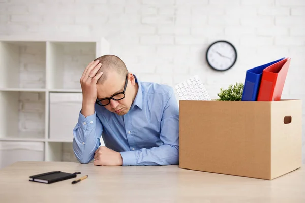 Financial Crisis Concept Sad Businessman Sitting Office Moving Boxes Covering — Stock Photo, Image