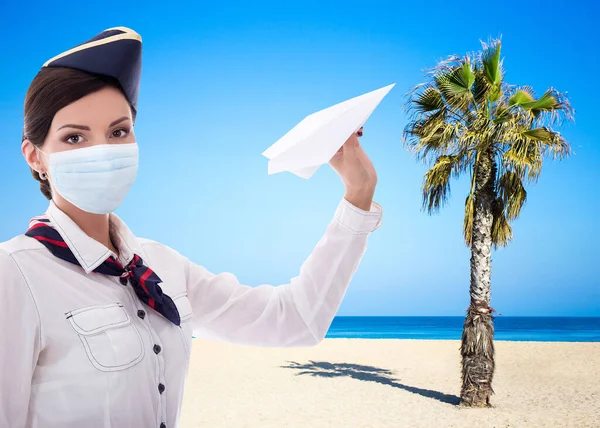 Coronavirus Pandemic Travel Summer Concept Beautiful Stewardess Medical Mask Paper — Stock Photo, Image