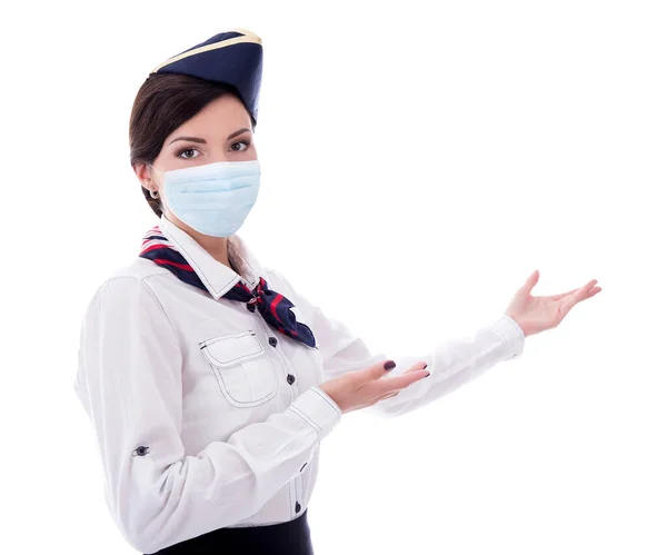 Porträt Einer Einladenden Stewardess Mit Medizinischer Maske Auf Weißem Hintergrund — Stockfoto