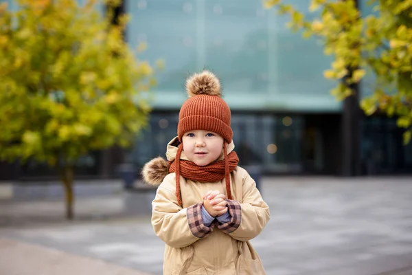 Cute Little Girl Ciepłe Ubrania Spaceru Jesiennym Parku Miejskim — Zdjęcie stockowe