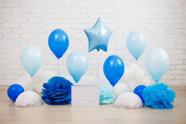 Decoração Festa Aniversário Balões Azul Bolas Papel Lightbox Branco Com — Fotografia de Stock