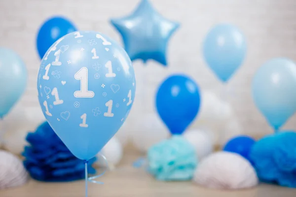 Décoration Fête Premier Anniversaire Gros Plan Des Ballons Air Bleu — Photo