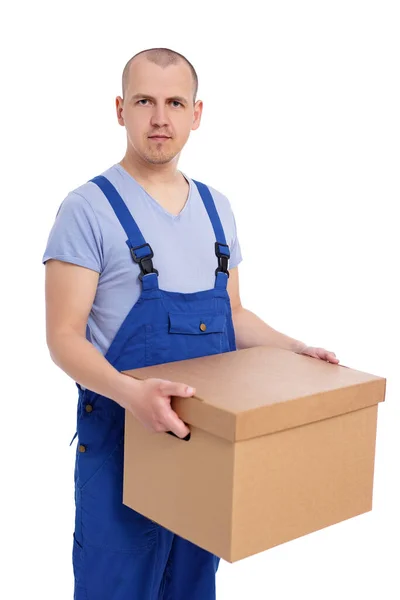 Retrato Jovem Carregador Uniforme Com Grande Caixa Isolada Fundo Branco — Fotografia de Stock