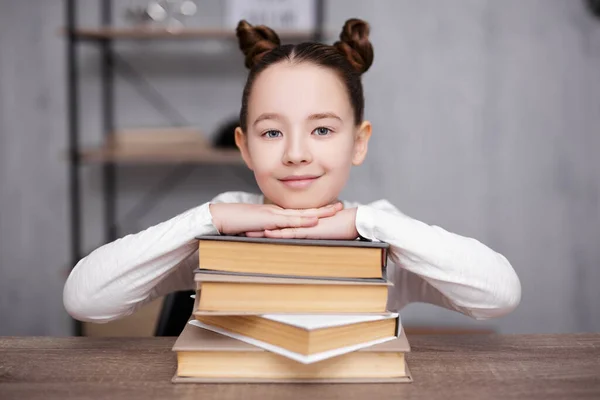 School Homework Education Concept Portrait Happy Cute School Girl Heap — 스톡 사진