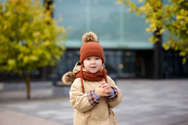 Porträt Eines Niedlichen Kleinen Mädchens Das Herbstlichen Stadtpark Spaziert — Stockfoto