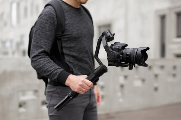 Videography Filmmaking Creativity Concept Close Modern Dslr Camera Axis Gimbal — Stock Photo, Image