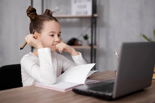 school, homework and distance education concept - portrait of cute thoughtful girl doing homework and using laptop for studying online at home